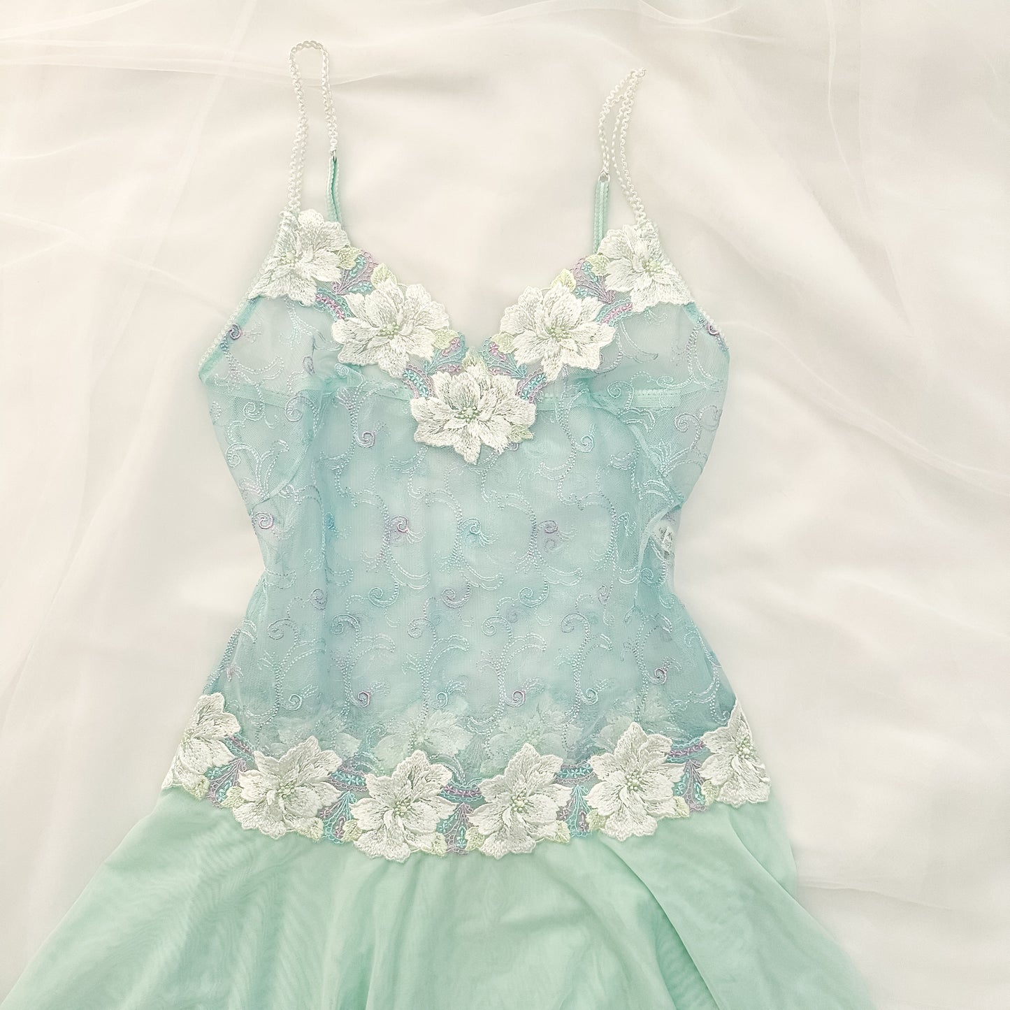 Fairy Mint Green Floral Lace Sheer Slip
