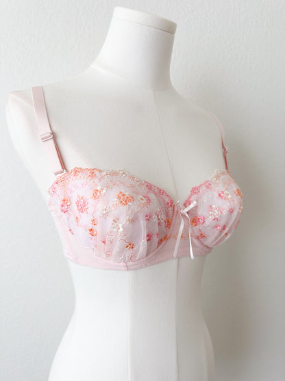 Pink Embroidery Floral Bra 32C