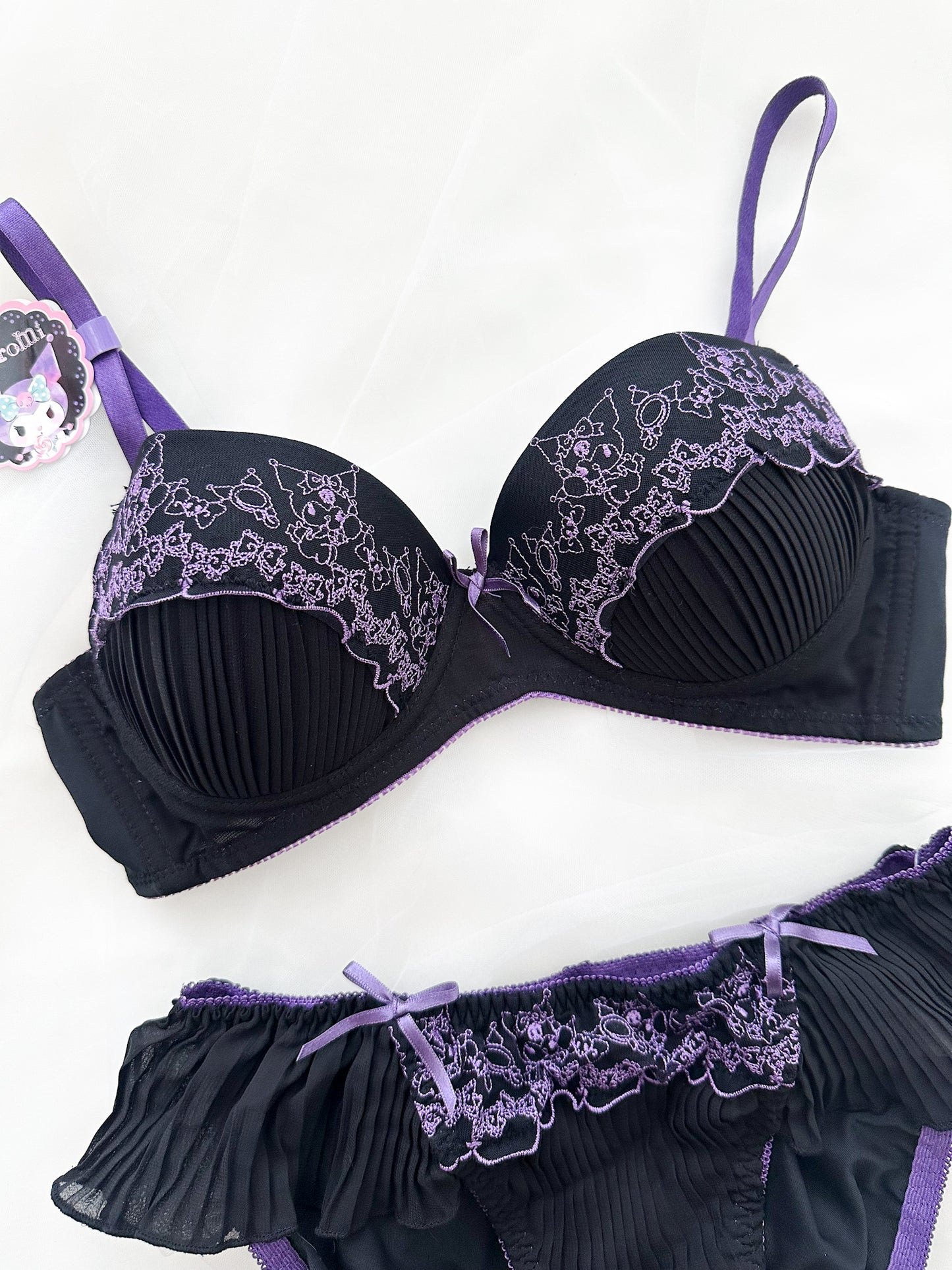 Kuromi Embroidery Lace Bra Set