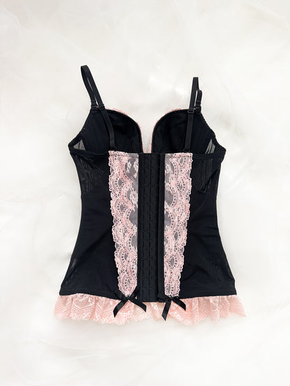 Black Ribbon Pink Lace Corset