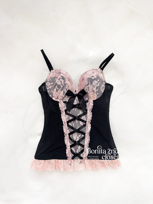 Black Ribbon Pink Lace Corset
