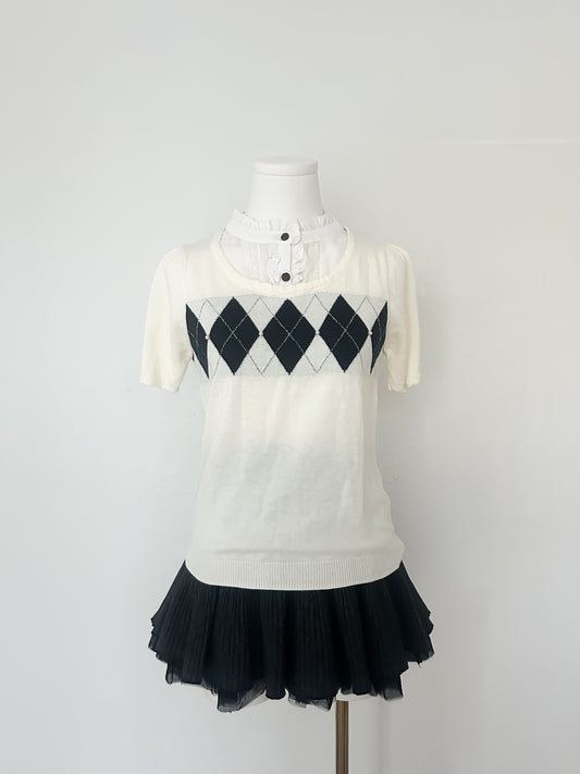 Cream Collar Argyle Knit Top