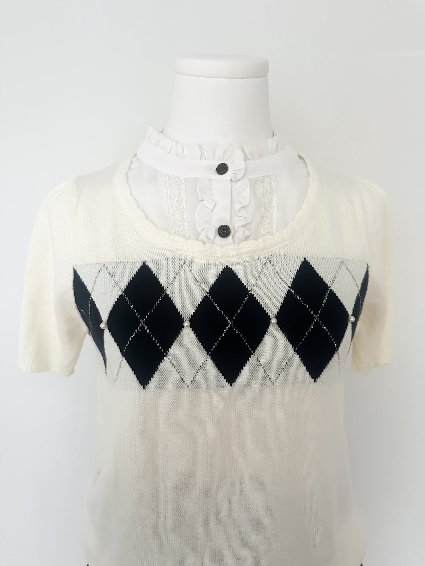 Cream Collar Argyle Knit Top