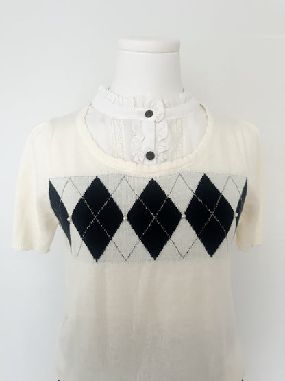 Cream Collar Argyle Knit Top