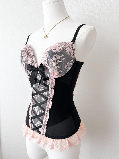Black Ribbon Pink Lace Corset