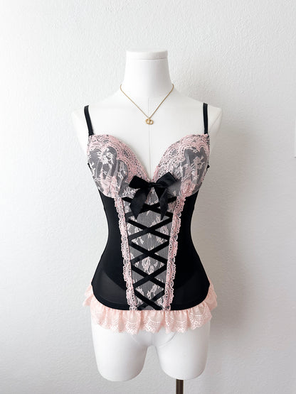 Black Ribbon Pink Lace Corset