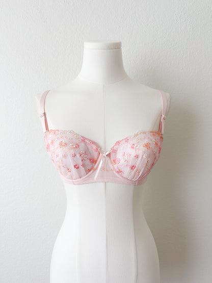 Pink Embroidery Floral Bra 32C