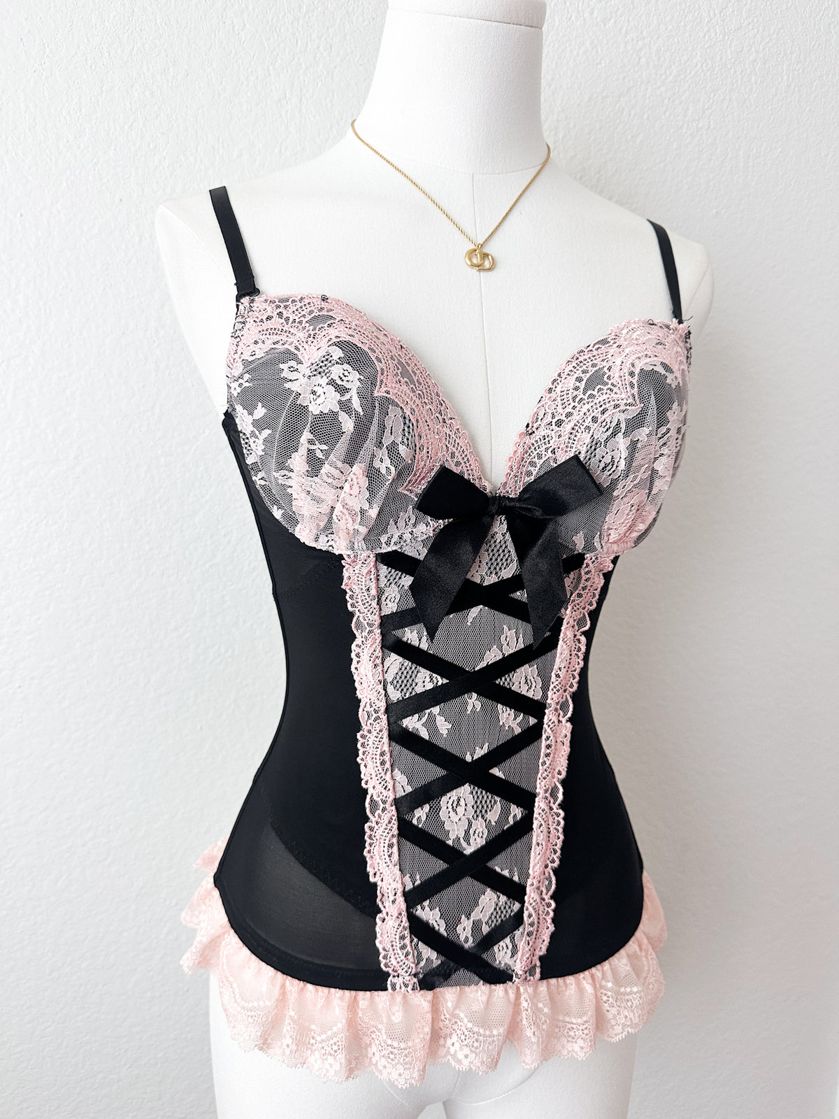 Black Ribbon Pink Lace Corset