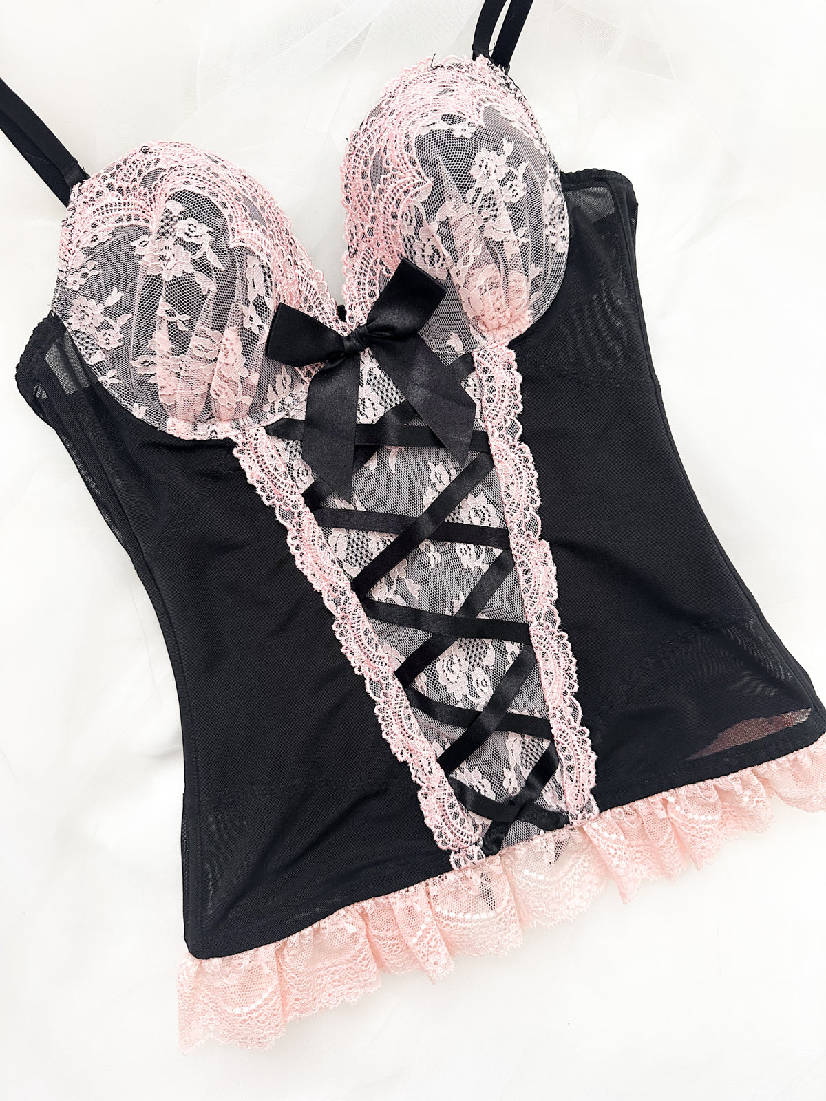 Black Ribbon Pink Lace Corset