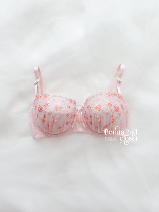 Pink Embroidery Floral Bra 32C