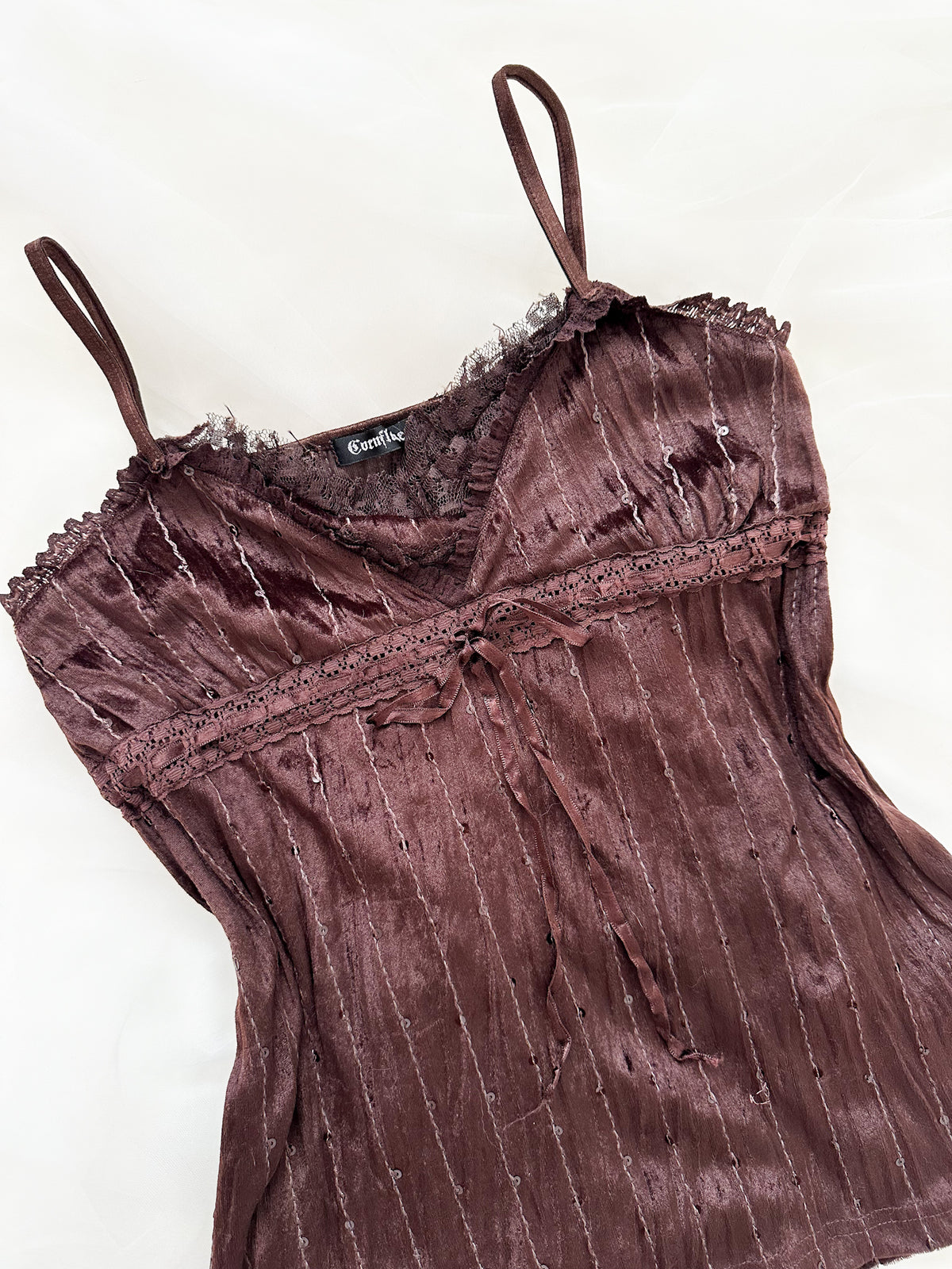Choco Brown Beaded Lace Cami Top