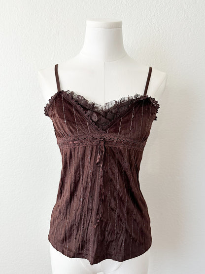 Choco Brown Beaded Lace Cami Top