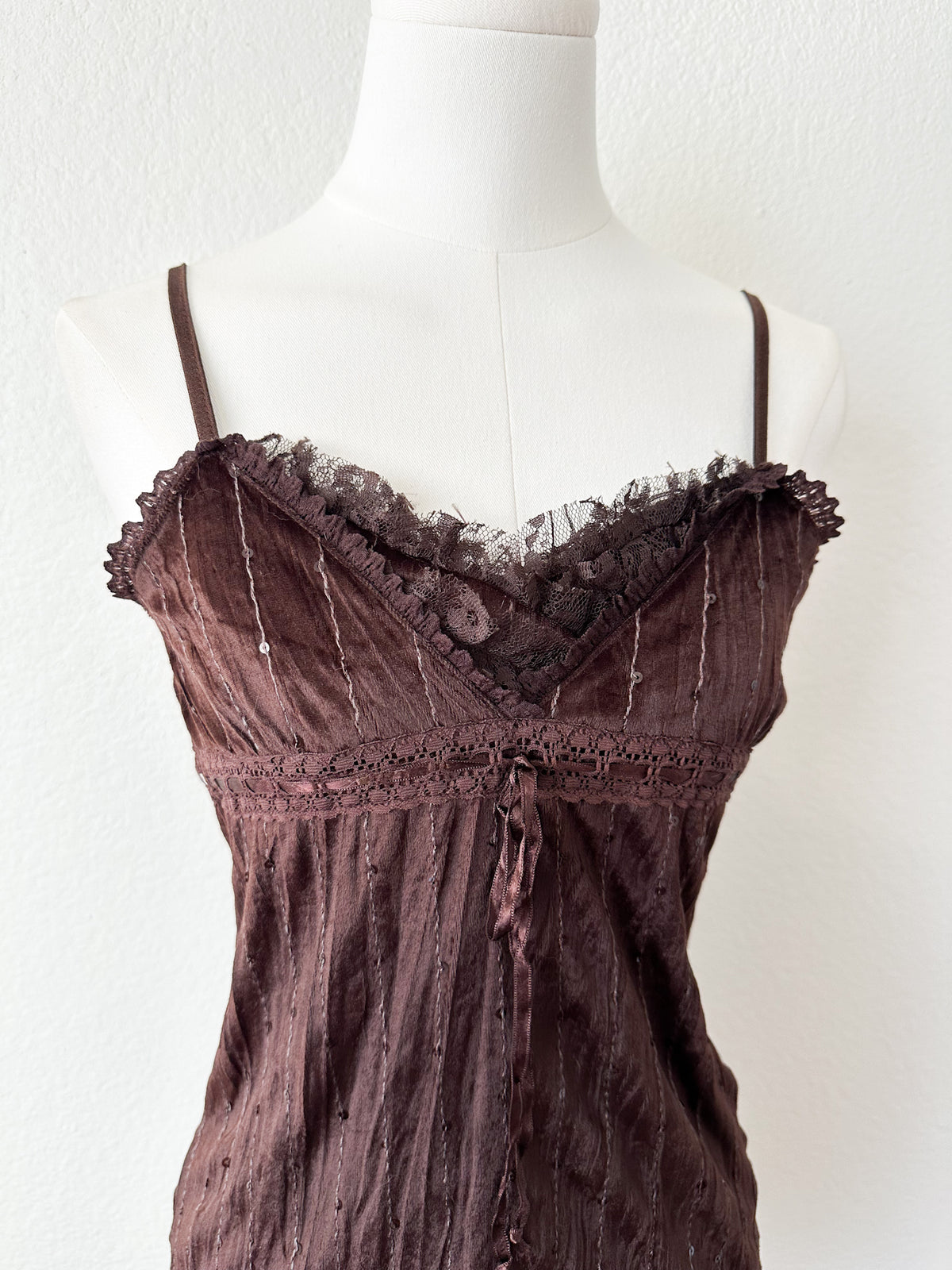 Choco Brown Beaded Lace Cami Top